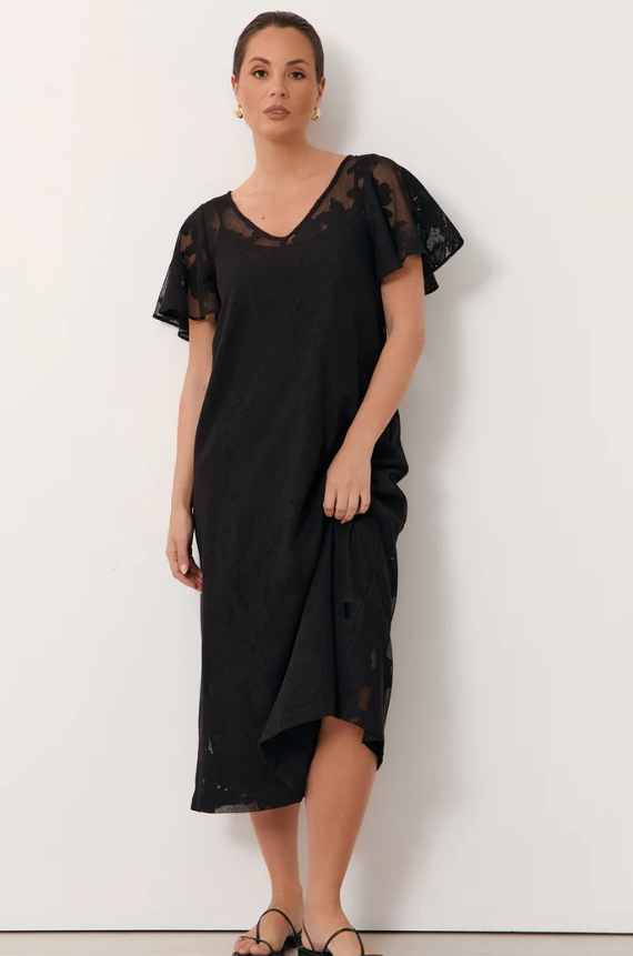 ADORNE HARLOW BLACK MIDI LACE DRESS