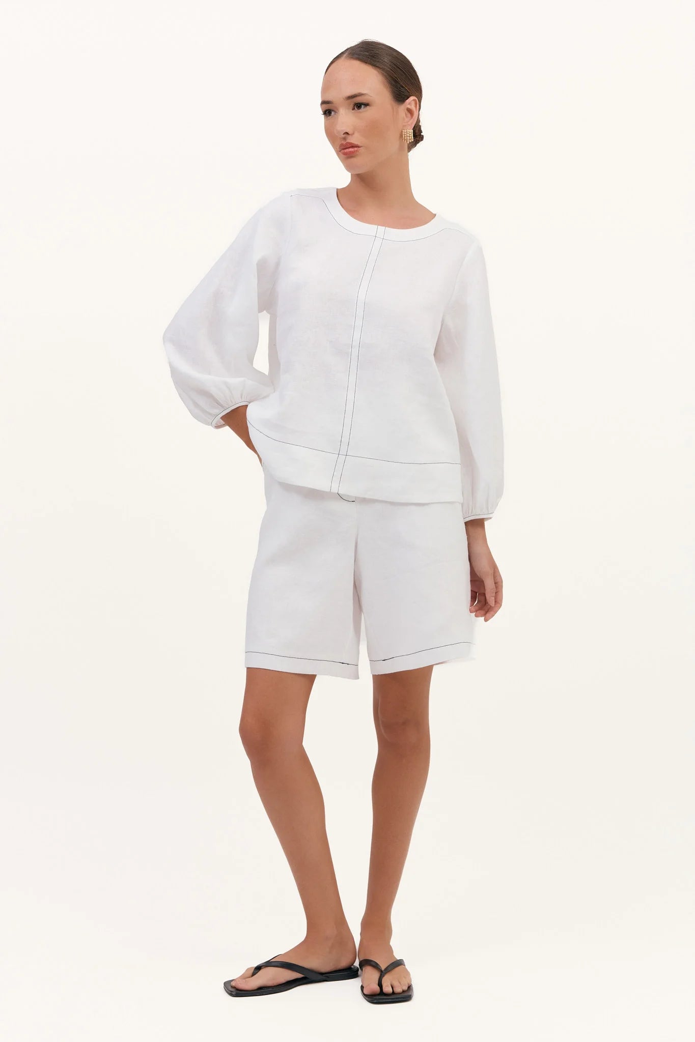ADORNE MIA CONTRAST STITCH LINEN  TOP