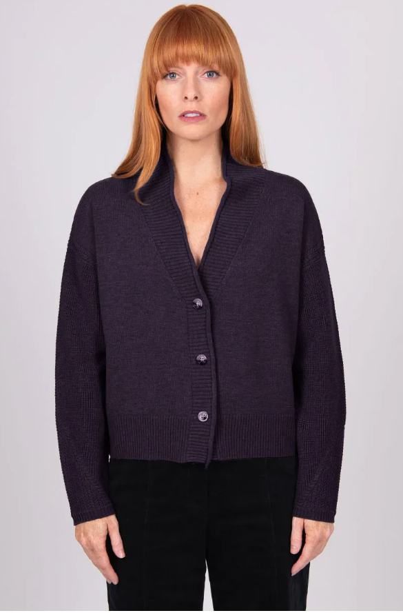 BRIDGE & LORD SHAWL COLLAR CARDI PLUM