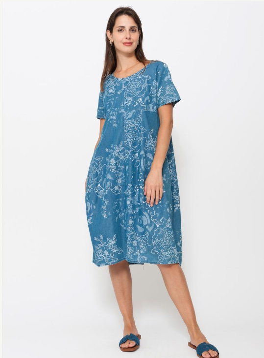 BLUEBERRY DENIM PRINT TULIP DRESS