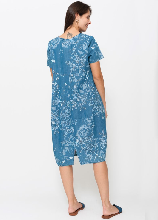 BLUEBERRY DENIM PRINT TULIP DRESS