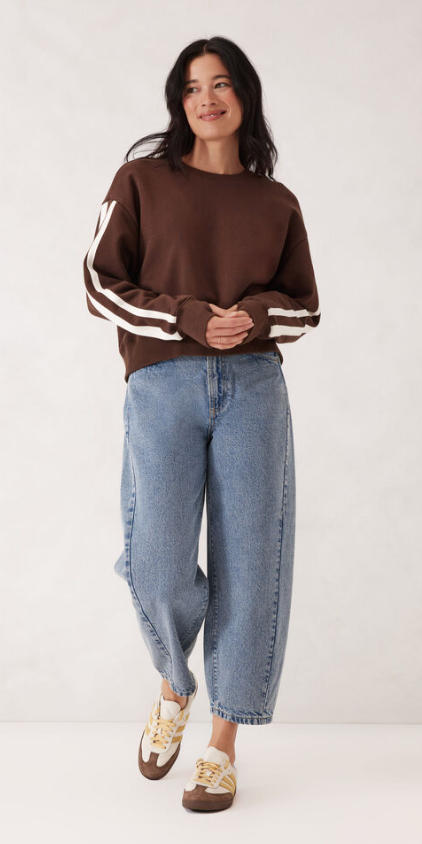 CERES LIFE SASHA SPORTY SLOUCHY CREW/CHOCOLATE SIDE STRIPE