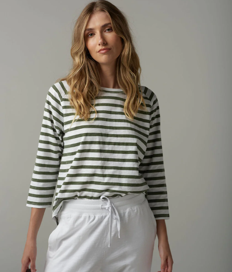 C+P+S RAGLAN  3/4 SLEEVE STRIPE COTTON TEE FAIRWAYGREEN/WHITE