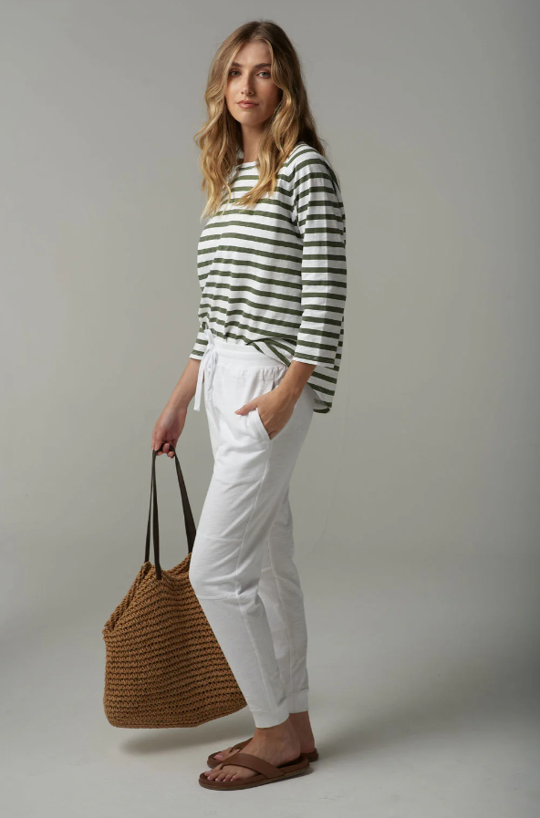 C+P+S RAGLAN  3/4 SLEEVE STRIPE COTTON TEE FAIRWAYGREEN/WHITE