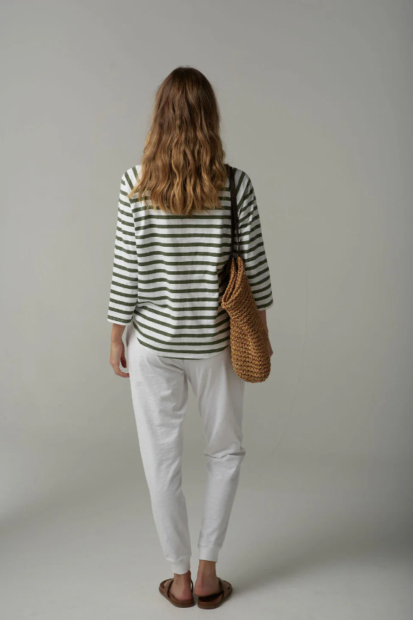 C+P+S RAGLAN  3/4 SLEEVE STRIPE COTTON TEE FAIRWAYGREEN/WHITE