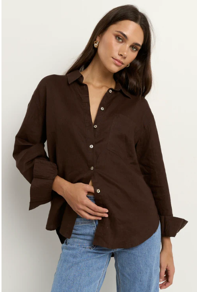 RE UNION CHOCOLATE LINEN O/S SHIRT