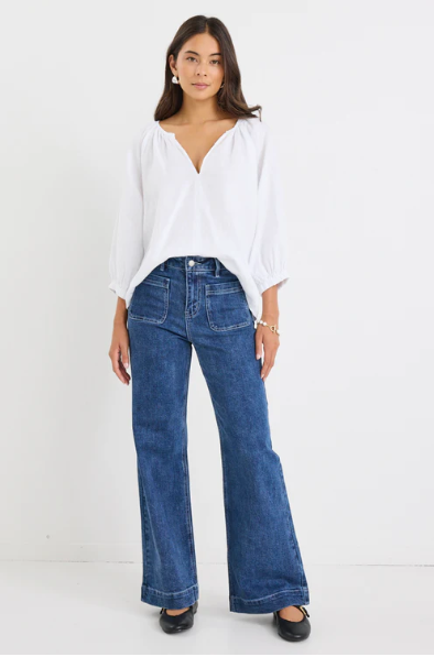 RE UNION WHITE LINEN L/S TOP