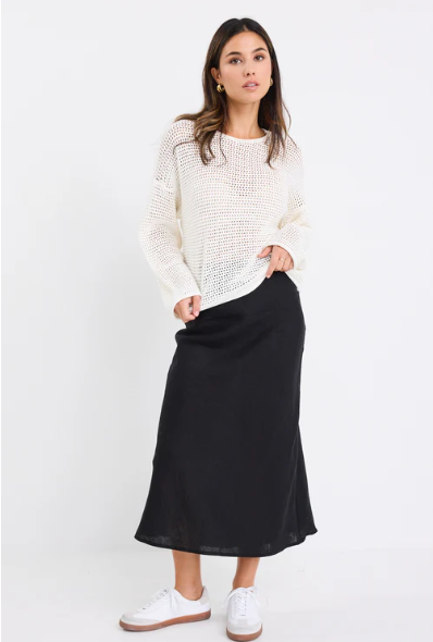 RE:UNION BLISS BLACK LINEN BIAS MIDI SKIRT