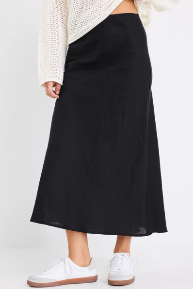 RE:UNION BLISS BLACK LINEN BIAS MIDI SKIRT