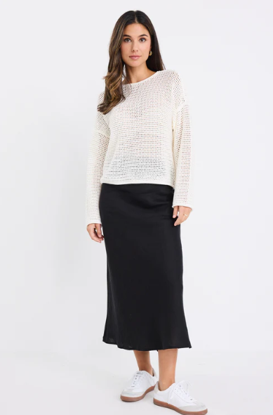 RE:UNION BLISS BLACK LINEN BIAS MIDI SKIRT