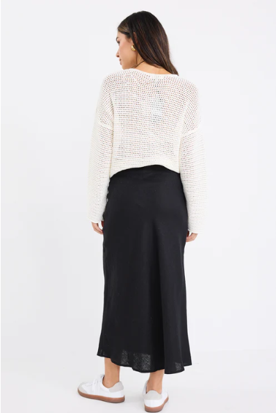RE:UNION BLISS BLACK LINEN BIAS MIDI SKIRT