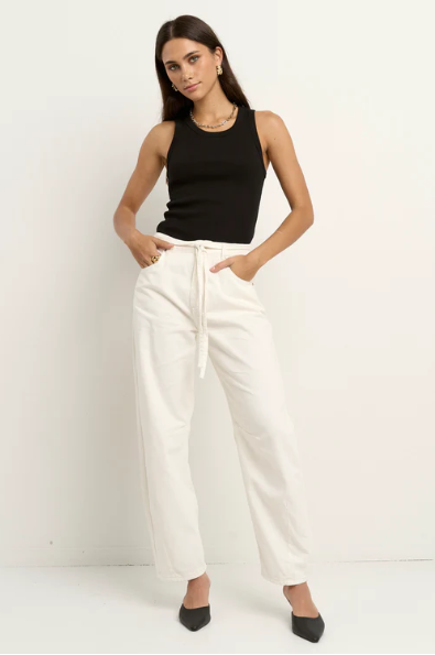 STORIES TO BE TOLD CAMPUS ECRU TIE WAIST BARREL JEANS