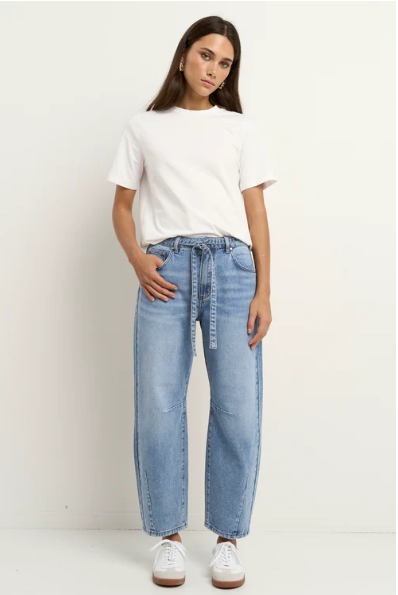 STORIES BE TOLD CAMPUS LIGHT BLUE TIE WAIST BARREL JEANS