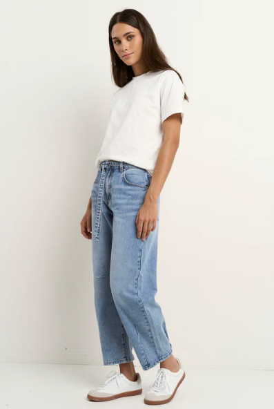 STORIES BE TOLD CAMPUS LIGHT BLUE TIE WAIST BARREL JEANS