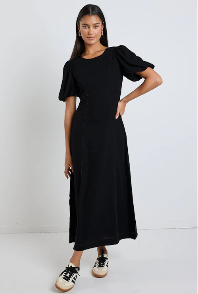 AMONG THE BRAVE BLACK LINEN MIDI DRESS