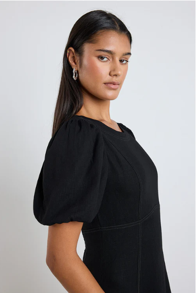 AMONG THE BRAVE BLACK LINEN MIDI DRESS