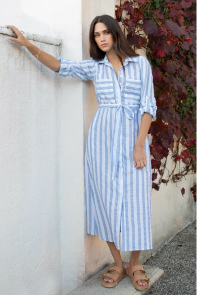 AMONG THE BRAVE CYPRUS BLUE STRIPE MIDI DRESS