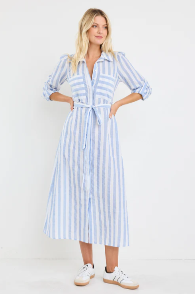 AMONG THE BRAVE CYPRUS BLUE STRIPE MIDI DRESS