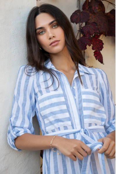 AMONG THE BRAVE CYPRUS BLUE STRIPE MIDI DRESS