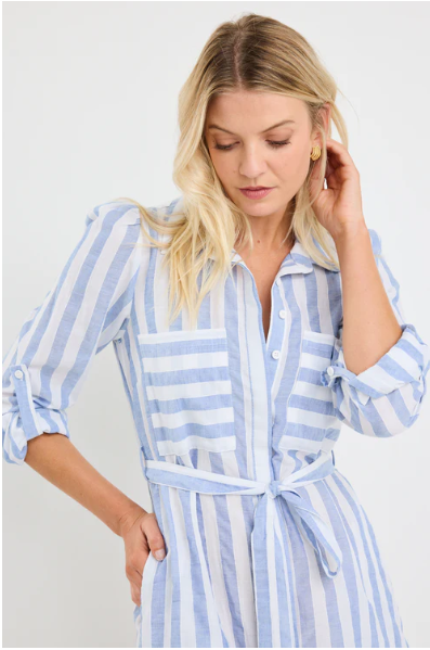 AMONG THE BRAVE CYPRUS BLUE STRIPE MIDI DRESS