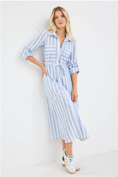 AMONG THE BRAVE CYPRUS BLUE STRIPE MIDI DRESS