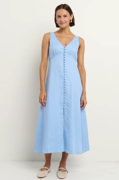 AMONG THE BRAVE PANAMA BLUE SLEEVELESS MIDI DRESS
