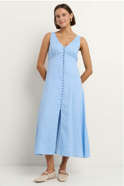 AMONG THE BRAVE PANAMA BLUE SLEEVELESS MIDI DRESS