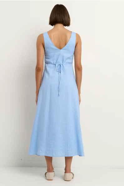 AMONG THE BRAVE PANAMA BLUE SLEEVELESS MIDI DRESS