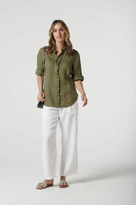 GOONDIWINDI  LINEN  FRILL SHIRT SAGE GREEN