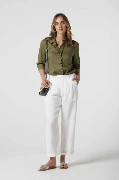 GOONDIWINDI  LINEN  FRILL SHIRT SAGE GREEN