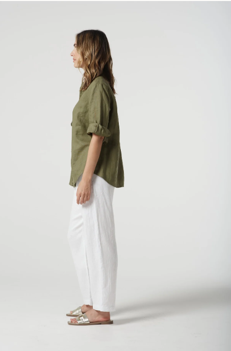 GOONDIWINDI  LINEN  FRILL SHIRT SAGE GREEN