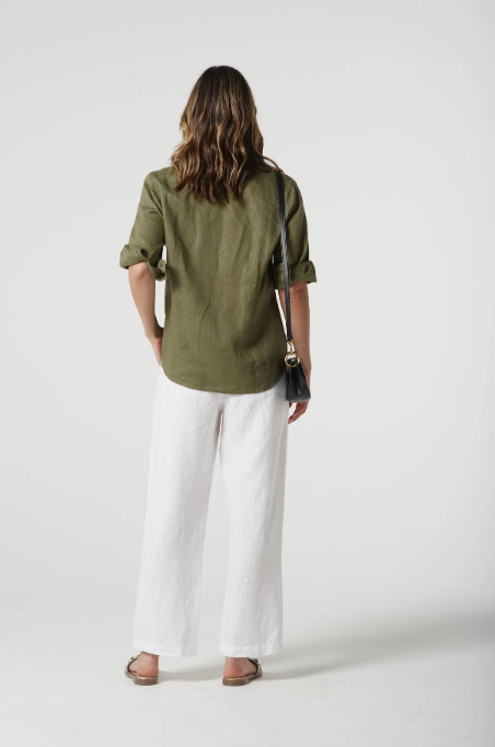 GOONDIWINDI  LINEN  FRILL SHIRT SAGE GREEN