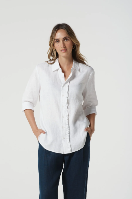 GOONDIWINDI LINEN FRILL SHIRT OPTICAL WHITE