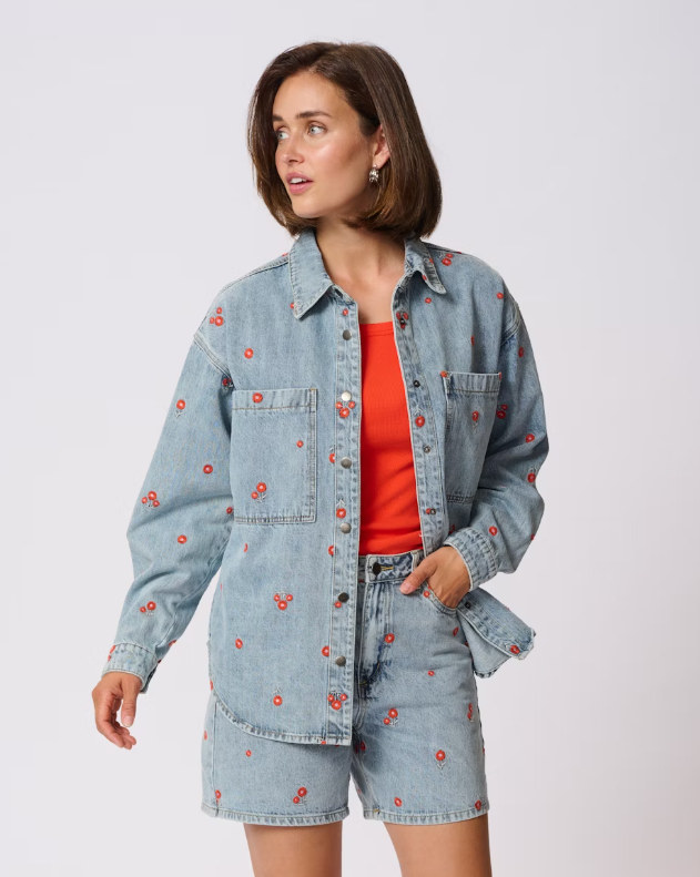 KAFFE KABABETH DENIM JACKET WITH RED FLOWER