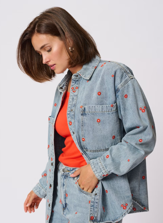 KAFFE KABABETH DENIM JACKET WITH RED FLOWER