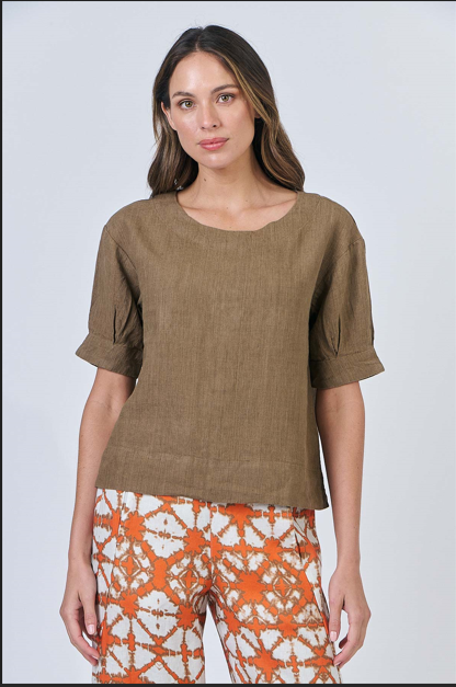 NATURALS LINEN S/SLEEVE TOP TOBACCO