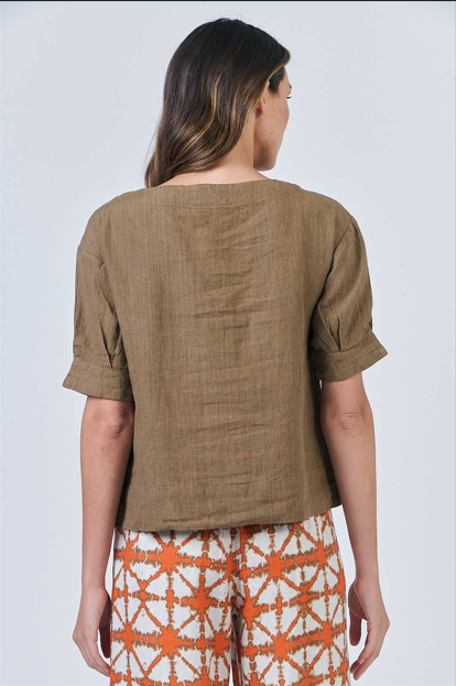 NATURALS LINEN S/SLEEVE TOP TOBACCO