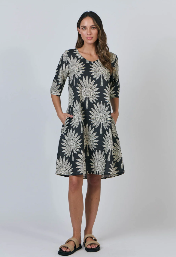 NATURALS DATE PALM 3/4 SLEEVE LINEN DRESS