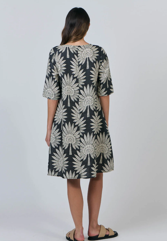 NATURALS DATE PALM 3/4 SLEEVE LINEN DRESS