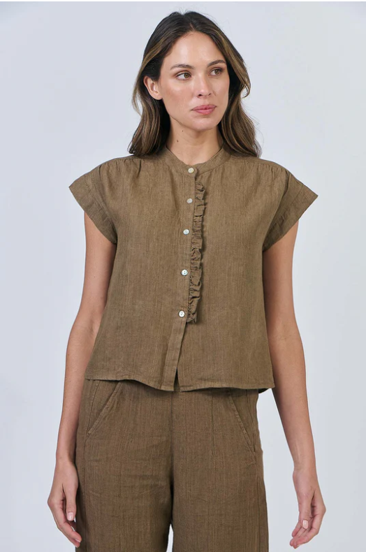 NATURALS LINEN CAP SLEEVE FRILL SHIRT TOBACCO