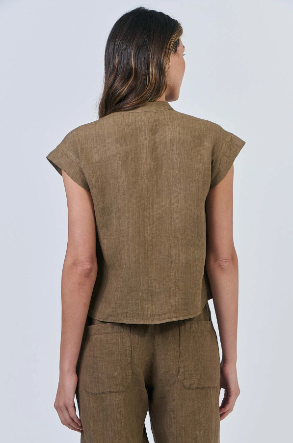 NATURALS LINEN CAP SLEEVE FRILL SHIRT TOBACCO