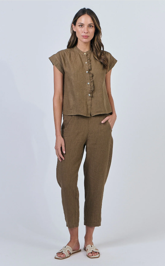NATURALS LINEN CAP SLEEVE FRILL SHIRT TOBACCO