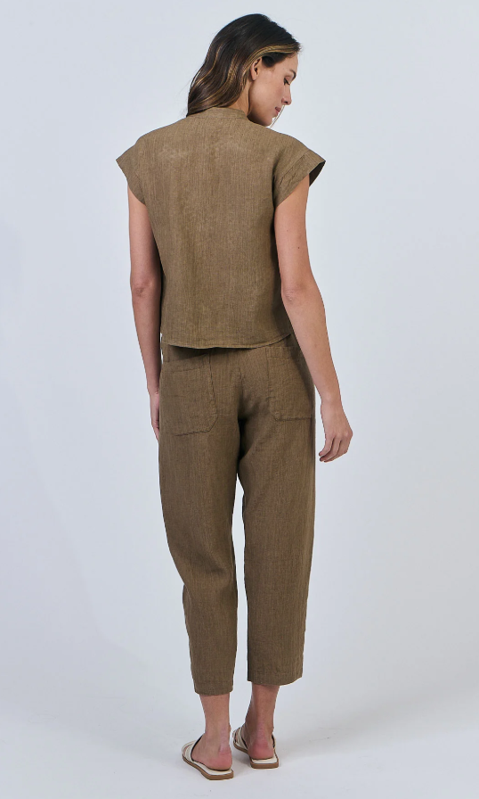NATURALS LINEN CAP SLEEVE FRILL SHIRT TOBACCO
