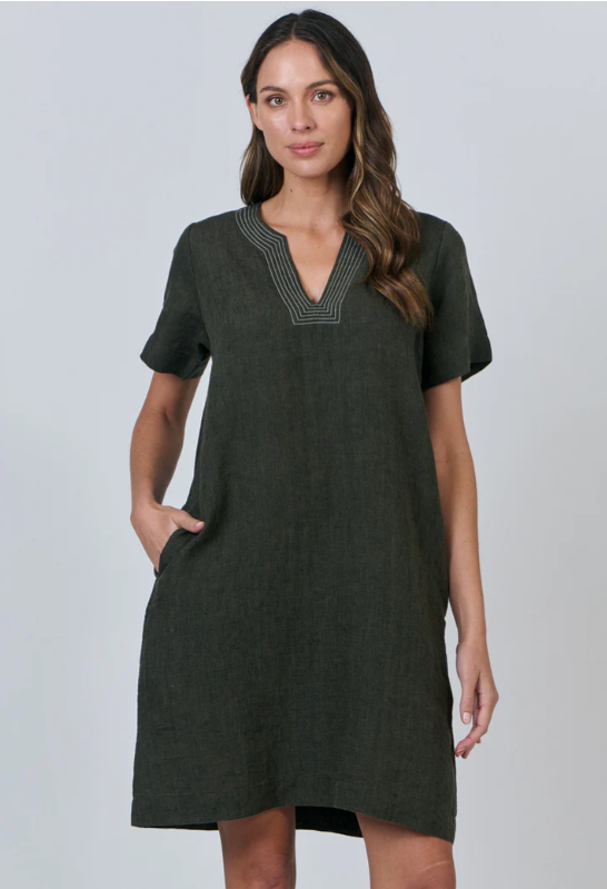 NATURALS BY O&J LINEN DRESS LICORICE