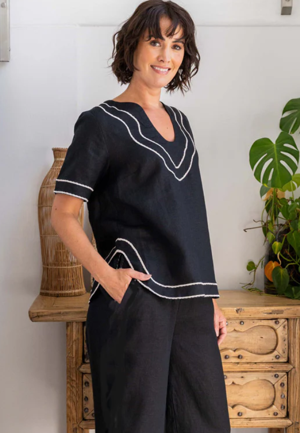 SEE SAW EMBROIDERY TRIM SCOOP NECK BLACK TOP