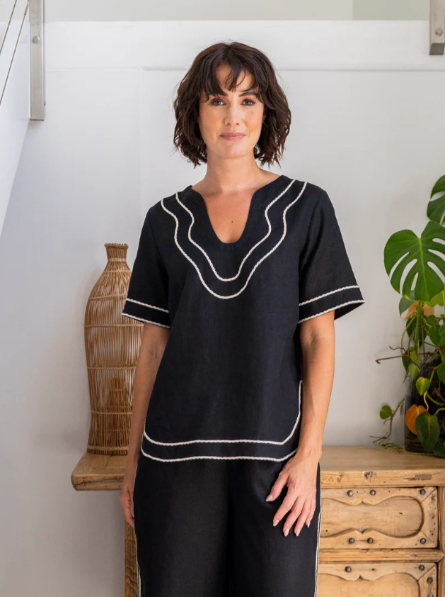 SEE SAW EMBROIDERY TRIM SCOOP NECK BLACK TOP