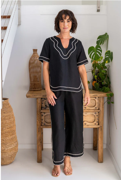 SEE SAW EMBROIDERY TRIM SCOOP NECK BLACK TOP