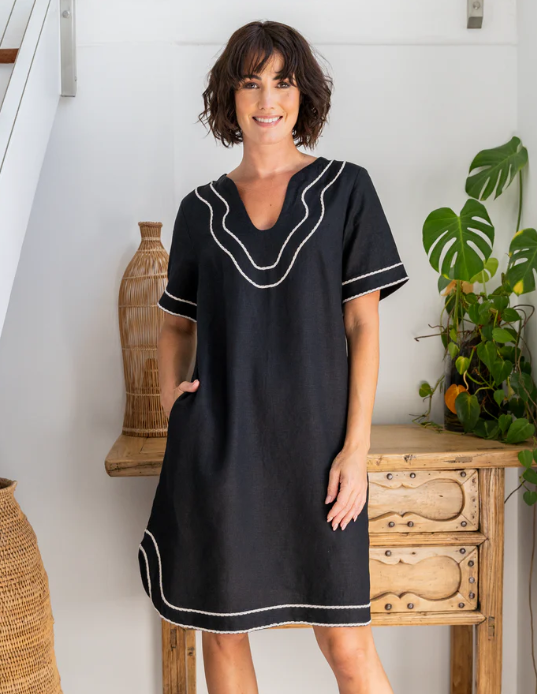 SEE SAW BLACK LINEN DRESS EMB TRIM