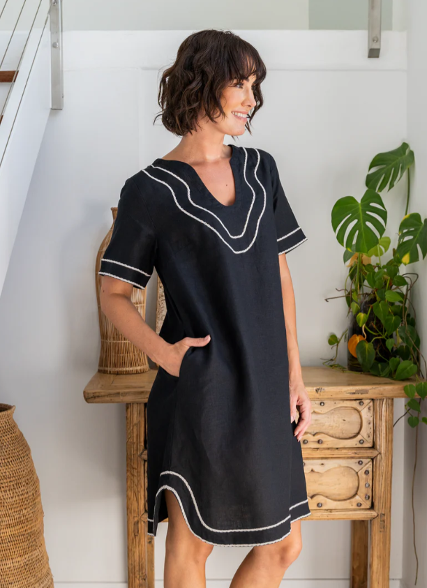 SEE SAW BLACK LINEN DRESS EMB TRIM