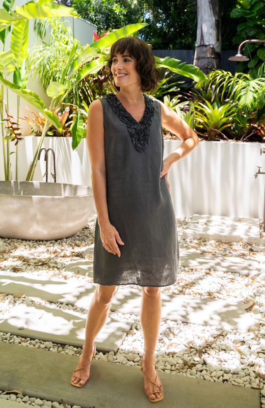 SEE SAW LINEN RUFFLE DRESS CHARCOAL